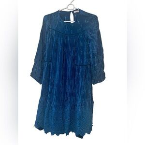 Zara Kids Blue lined eyelet long sleeve viscose Dress Sz 11-12